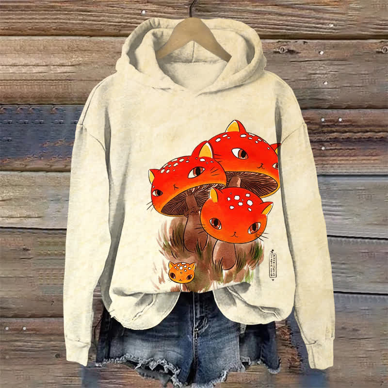 Ukiyoe Cat Mushroom Halloween Print Long Sleeve Hoodie - Apricot - US44-46(8XL) - image 1