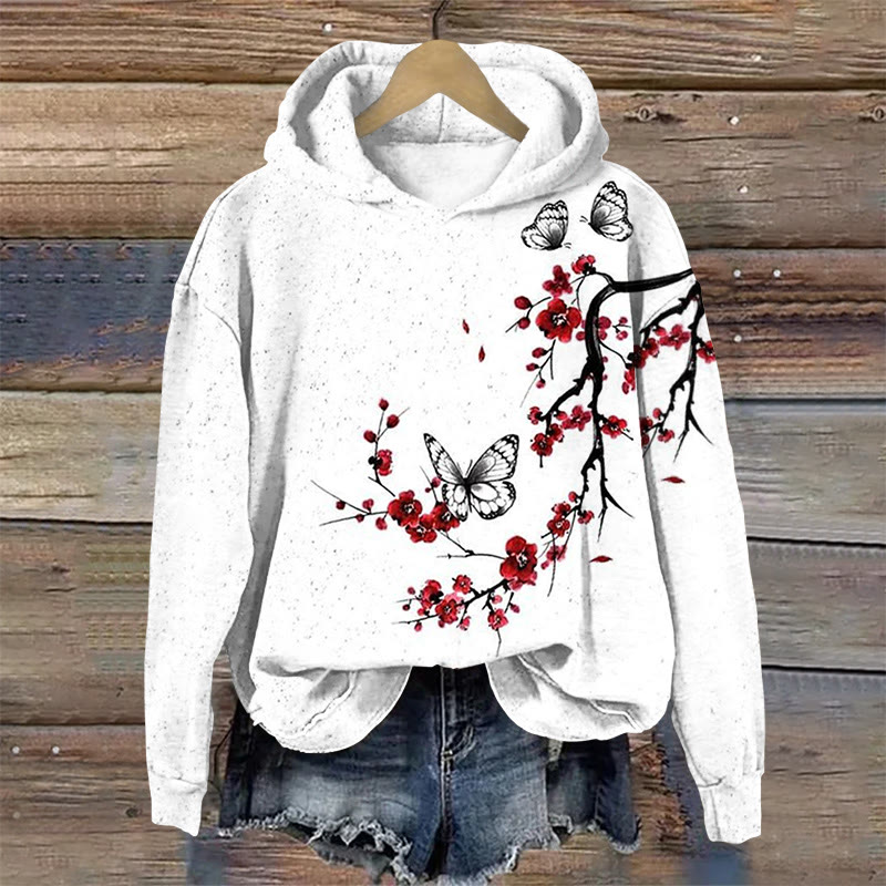 Japanese Style Plum Blossom Butterfly Print Long Sleeve Hoodie - White - US44-46(8XL) - image 1