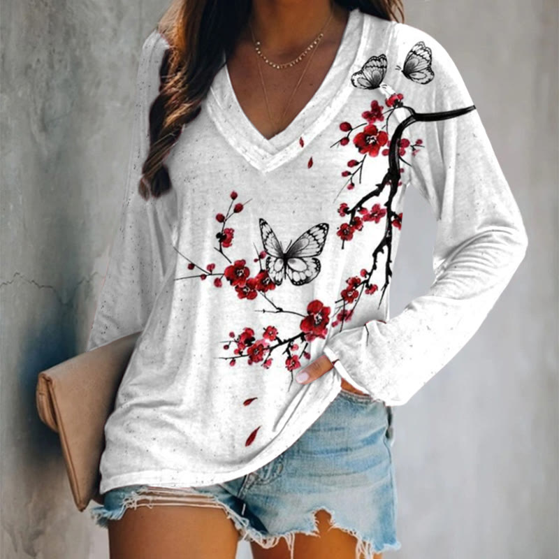 Japanese Style Plum Blossom Butterfly Print V-neck Long Sleeve T-shirt - White - 5XL - image 1