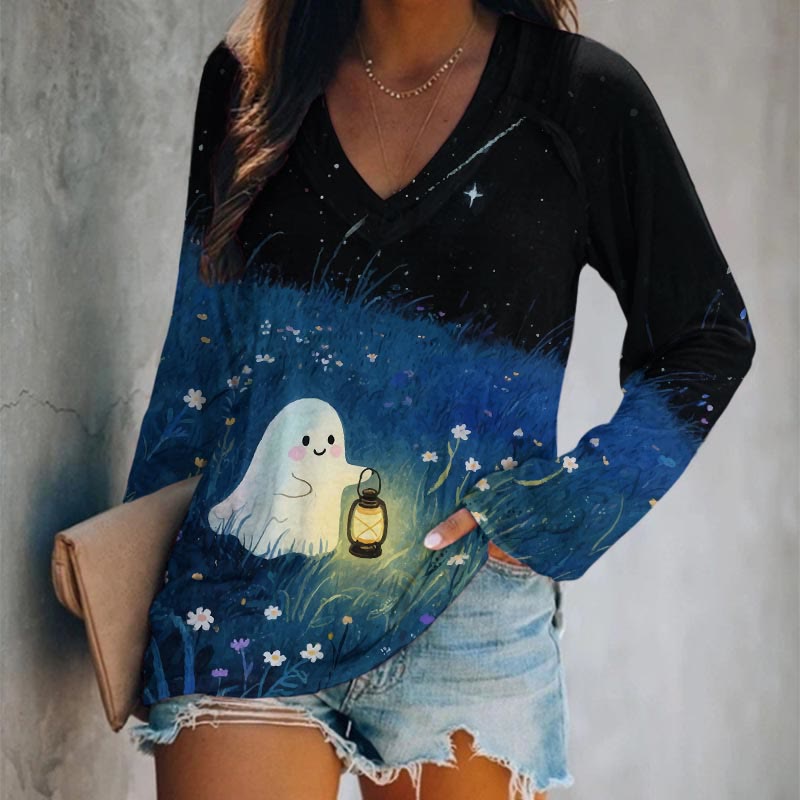 Halloween Lovely Ghost Holding Kerosene Lamp Art Print Long Sleeve T-shirt - Black - 5XL - image 1