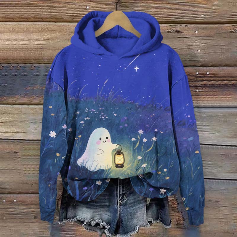 Halloween Lovely Ghost Holding Kerosene Lamp Print Long Sleeve Hoodie - Blue - US44-46(8XL) - image 1