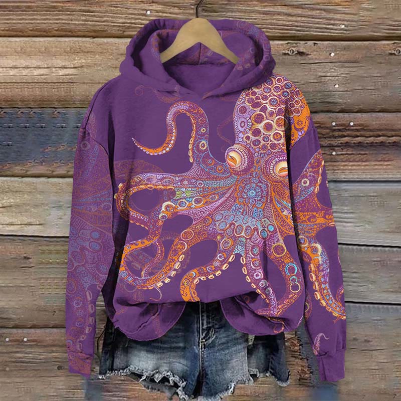 Unique Exquisite Octopus Pattern Print Long Sleeve Hoodie - Purple - US44-46(8XL) - image 1
