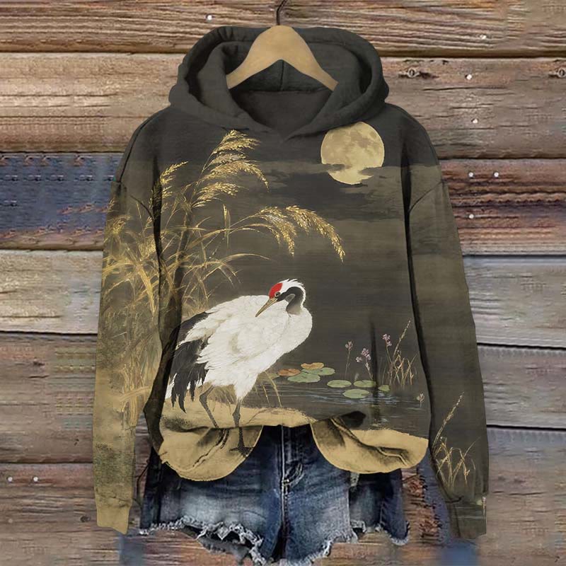 Japanese Vintage Crane And Pond Print Long Sleeve Hoodie - Black - US44-46(8XL) - image 1