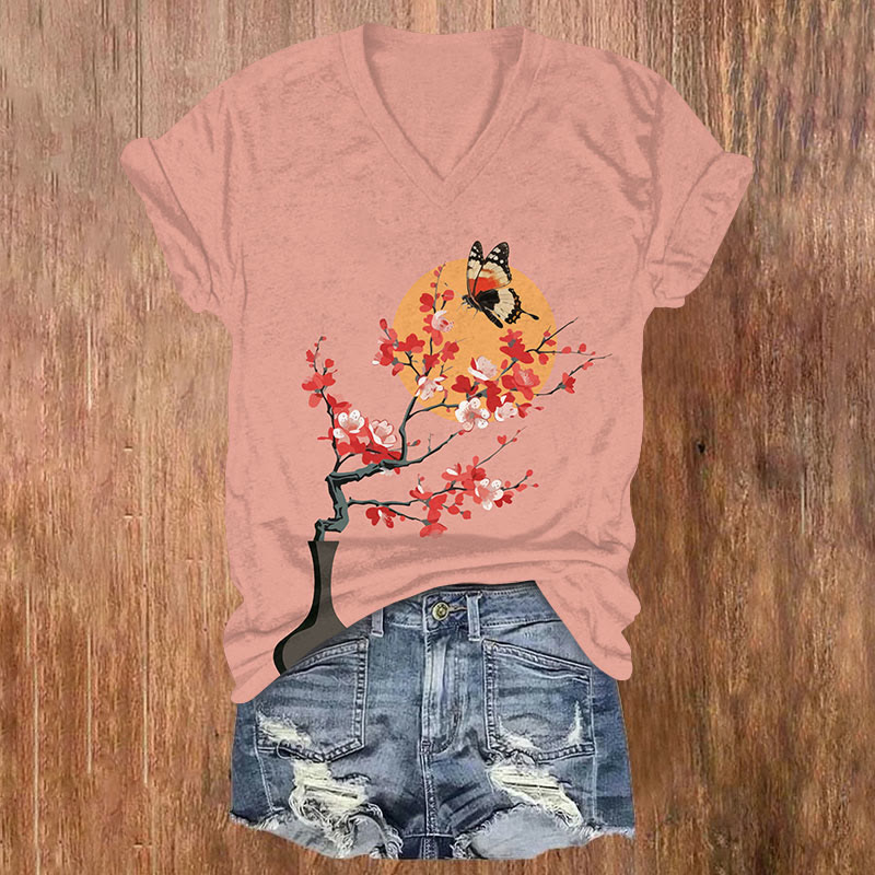 Japanese Vase Plum Blossom Sun Butterfly Print V-neck T-shirt - Red - US32-34(5XL) - image 1