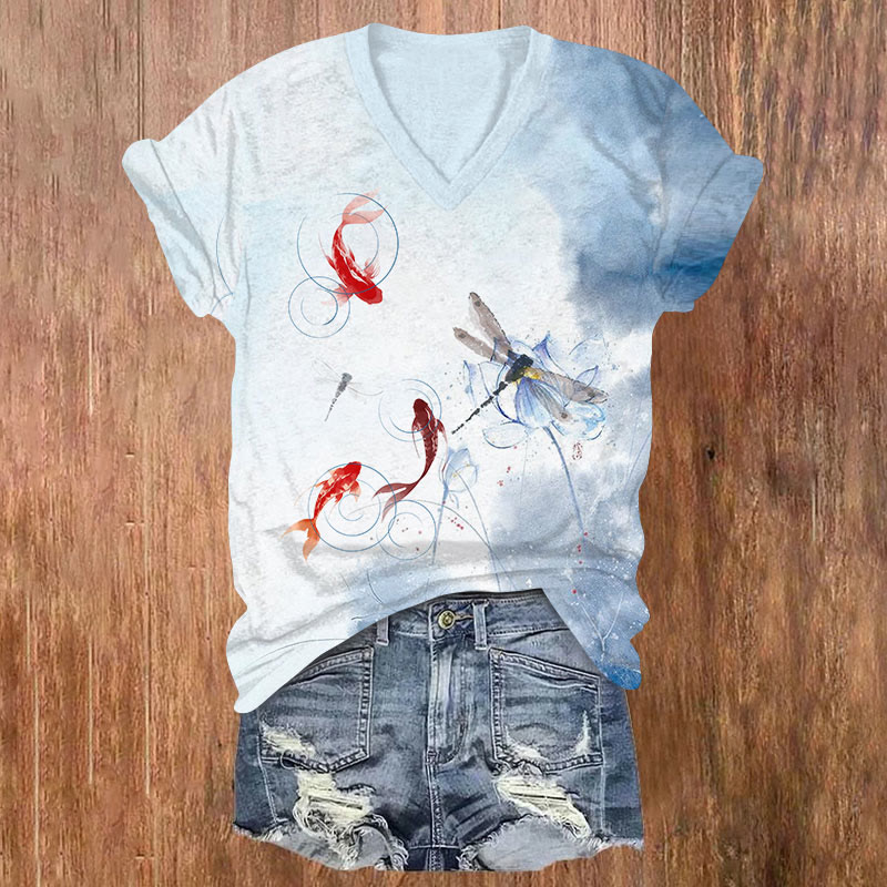 Japanese Ink Painting Lotus Dragonfly Koi Print V-neck T-shirt - Blue - US32-34(5XL) - image 1