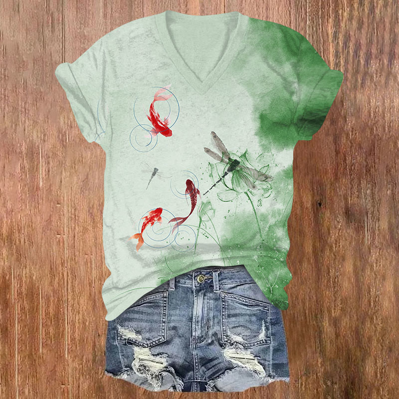 Japanese Ink Painting Lotus Dragonfly Koi Print V-neck T-shirt - Green - US32-34(5XL) - image 3