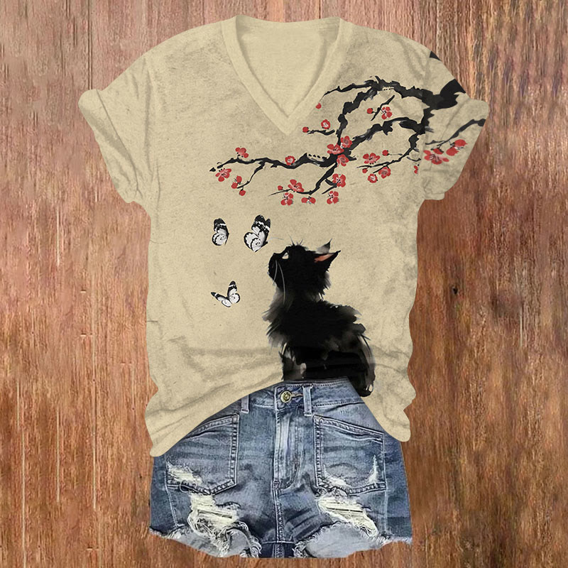  Japanese Ink Painting Plum Blossom Butterfly Black Cat Print V-neck T-shirt - Apricot - US32-34(5XL) - image 1