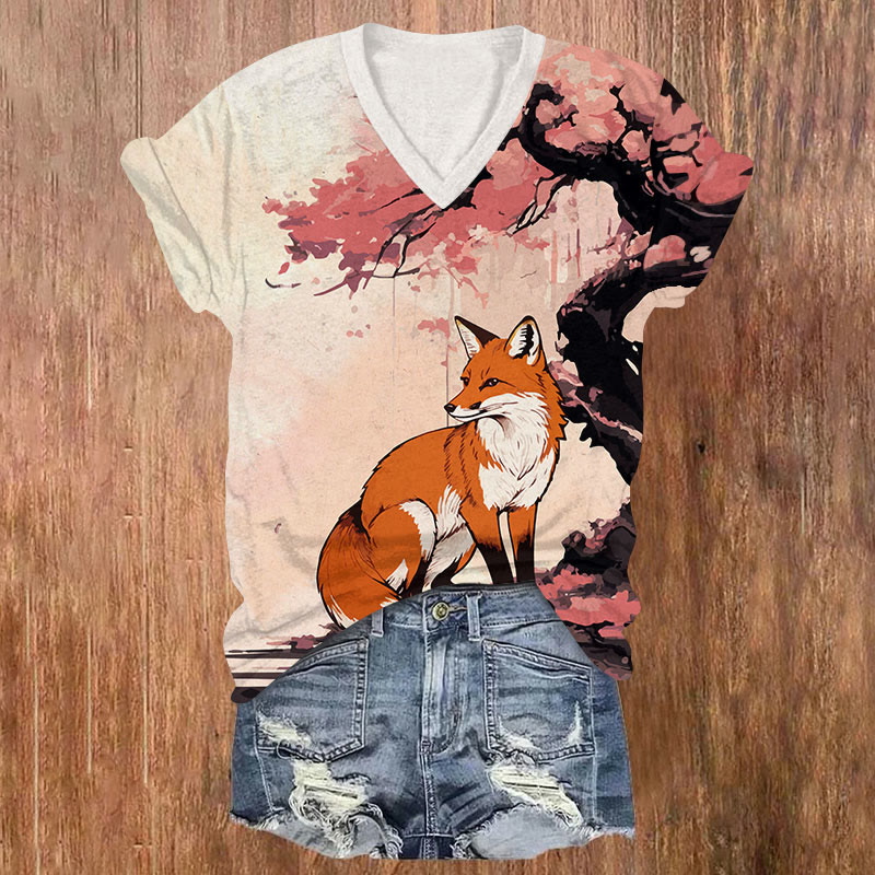 Japanese Style Fox Under Cherry Blossom Tree Print V-neck T-shirt - White - US32-34(5XL) - image 1