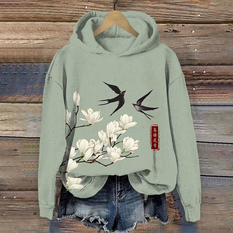 Japanese Vintage Swallow & Pear Blossom Print Long Sleeve Hoodie - Green - US44-46(8XL) - image 1