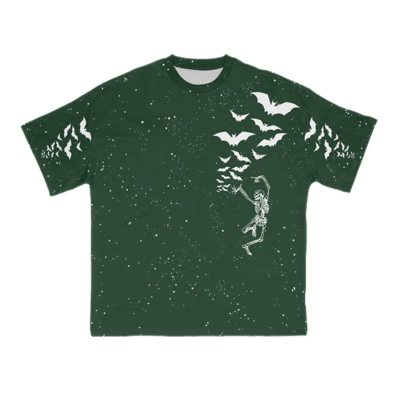 Unisex Dancing Skeleton Bats Halloween Print T-shirt - Green - 8XL - image 6