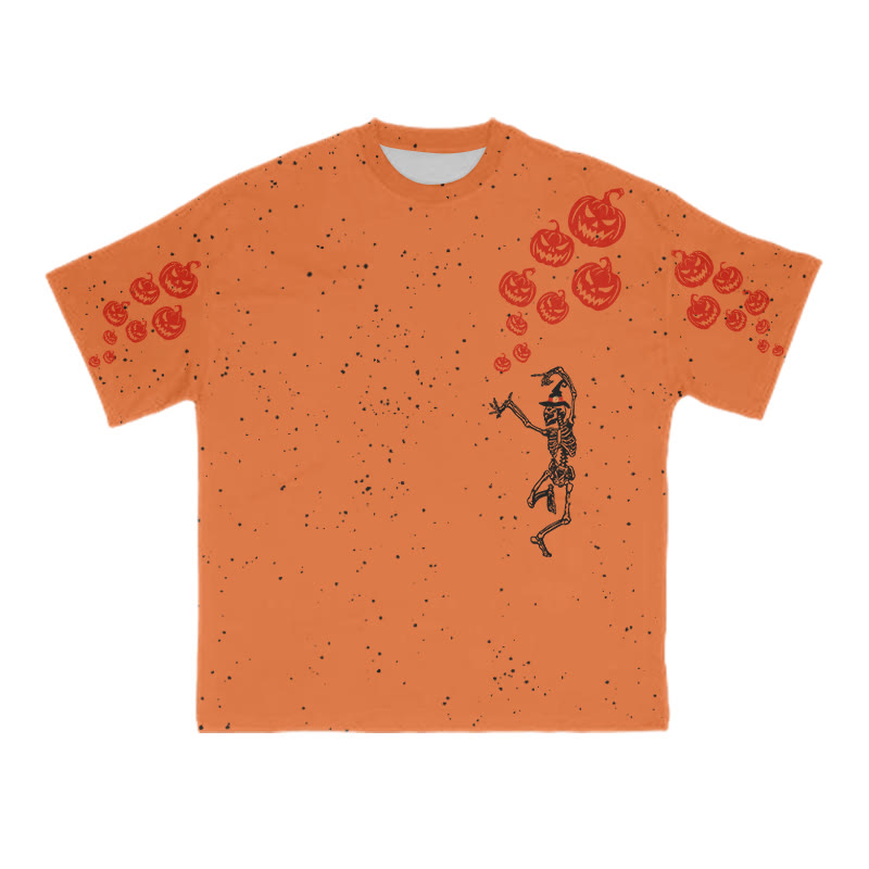 Unisex Dancing Skeleton Pumpkin Halloween Print T-shirt - Orange - 8XL - image 1