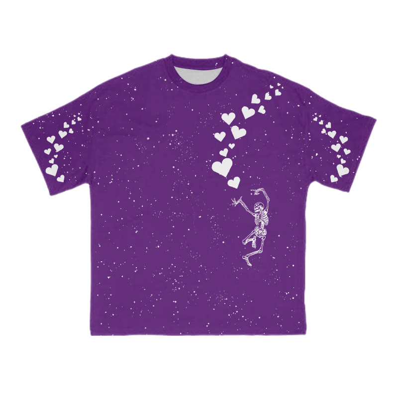Unisex Dancing Skeleton Heart Print T-shirt - Purple - 8XL - image 8