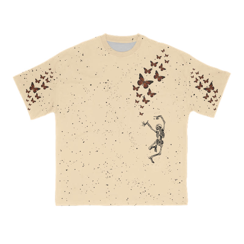 Unisex Dancing Skeleton Butterfly Print T-shirt - Apricot - 8XL - image 4