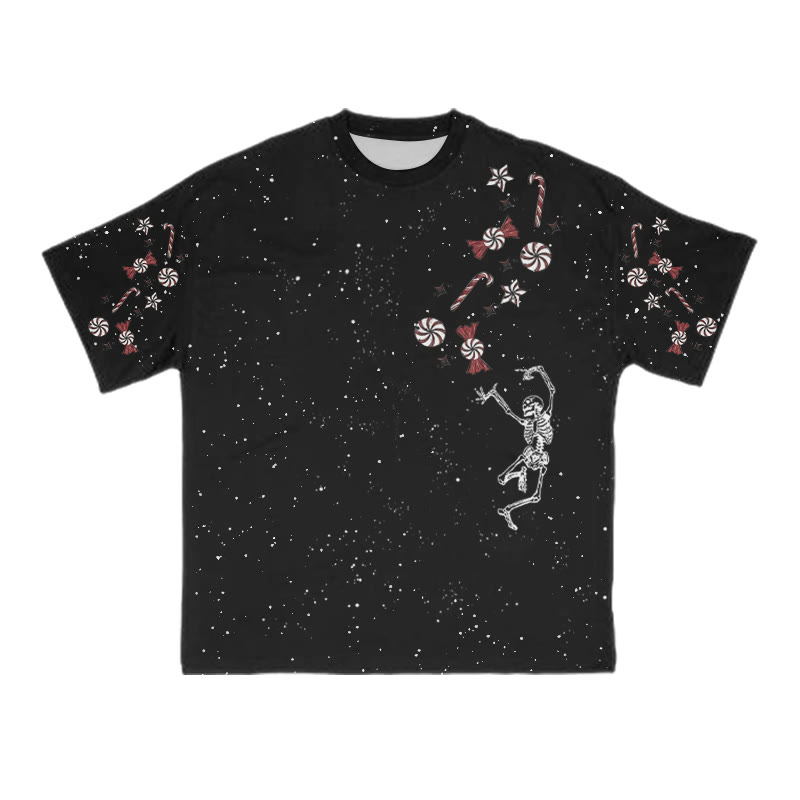 Unisex Dancing Skeleton Candy Christmas Print T-shirt - Black - 8XL - image 1
