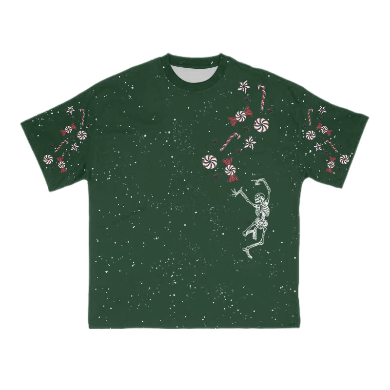 Unisex Dancing Skeleton Candy Christmas Print T-shirt - Green - 8XL - image 3