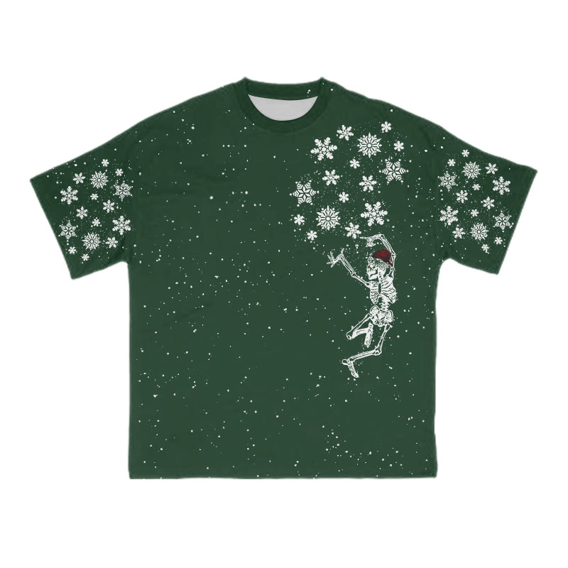 Unisex Dancing Skeleton Wearing Santa Hat Christmas Print T-shirt - Green - 8XL - image 1
