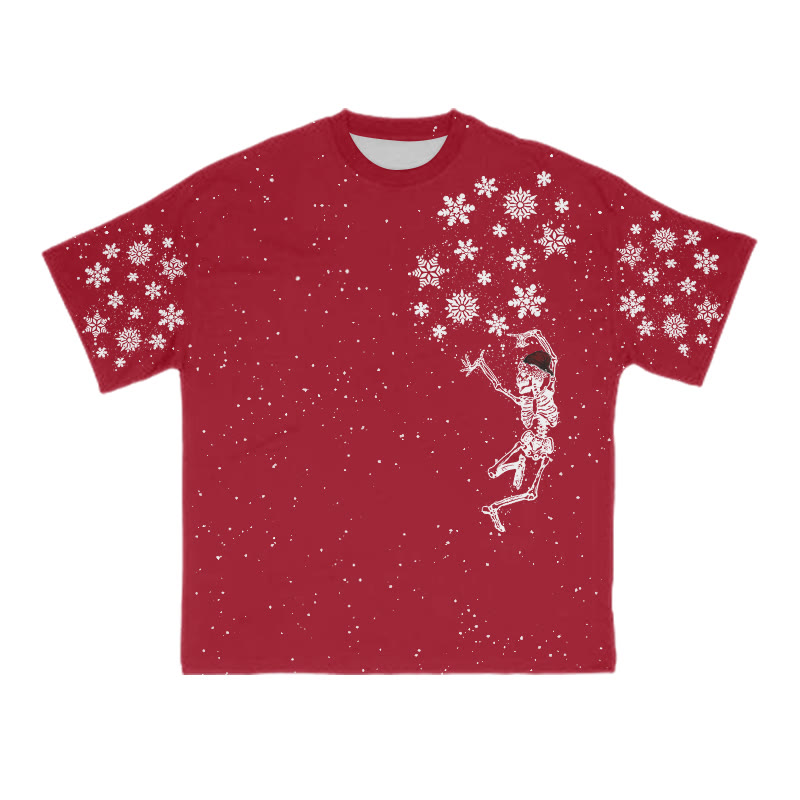 Unisex Dancing Skeleton Wearing Santa Hat Christmas Print T-shirt - Red - 8XL - image 4