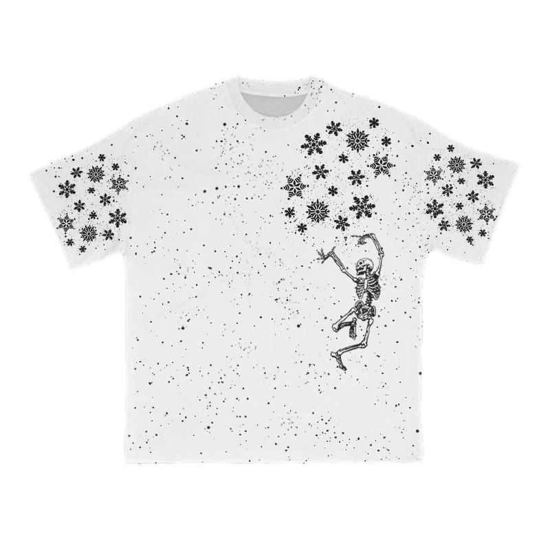 Unisex Dancing Skeleton Snowflake Christmas Print T-shirt - White - 8XL - image 2