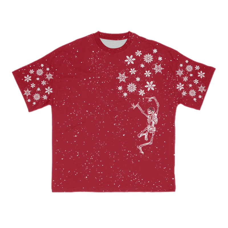 Unisex Dancing Skeleton Snowflake Christmas Print T-shirt - Red - 8XL - image 1