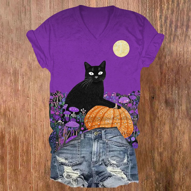 Halloween Cat & Pumpkings Print V-neck T-shirt - Purple - US32-34(5XL) - image 1