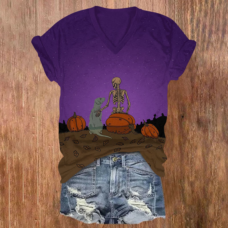 Halloween Ghoat Print V-neck T-shirt - Purple - US32-34(5XL) - image 1