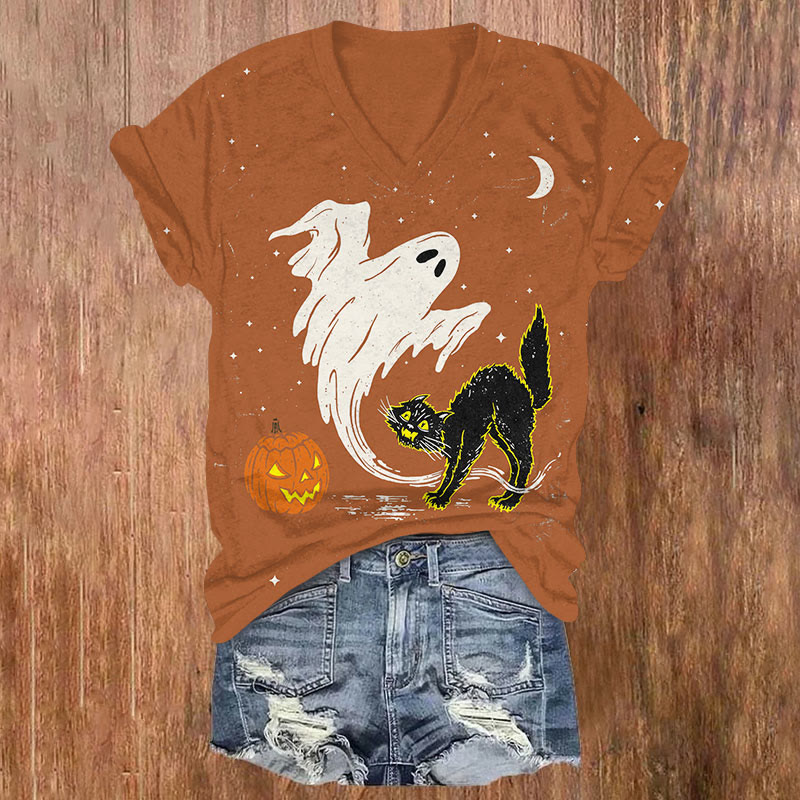 Halloween Ghaot & Cat Print V-neck T-shirt - Brown - US32-34(5XL) - image 1
