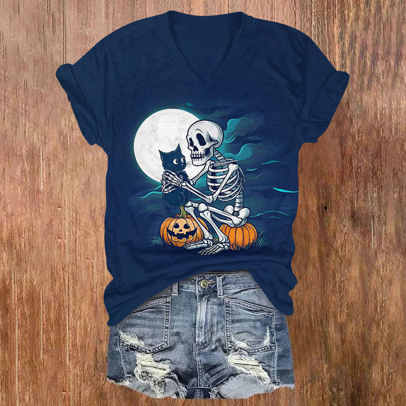 Halloween Ghoat & Cat Print V-neck T-shirt - Blue - US32-34(5XL) - image 1