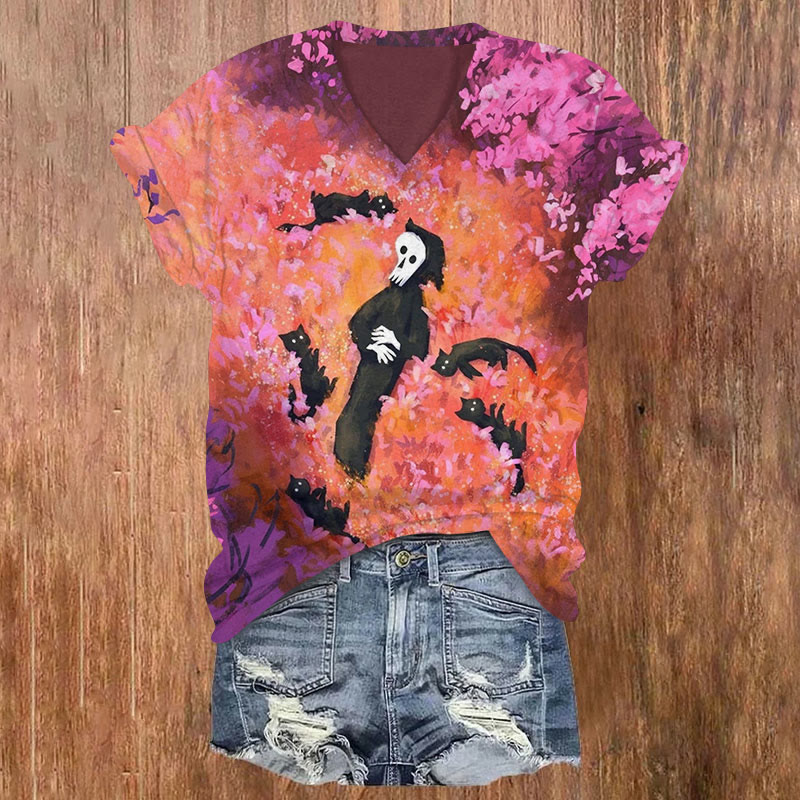 Halloween Ghoat & Cat Print V-neck T-shirt - Multicolor - US32-34(5XL) - image 1