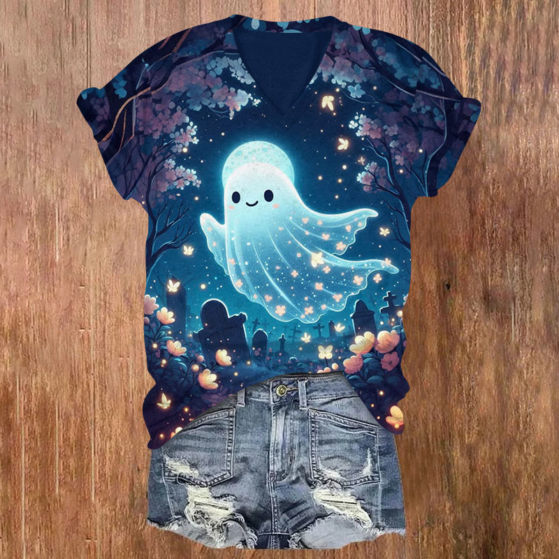 Halloween Ghoat Print v-neck T-Shirt - Blue - US32-34(5XL) - image 1