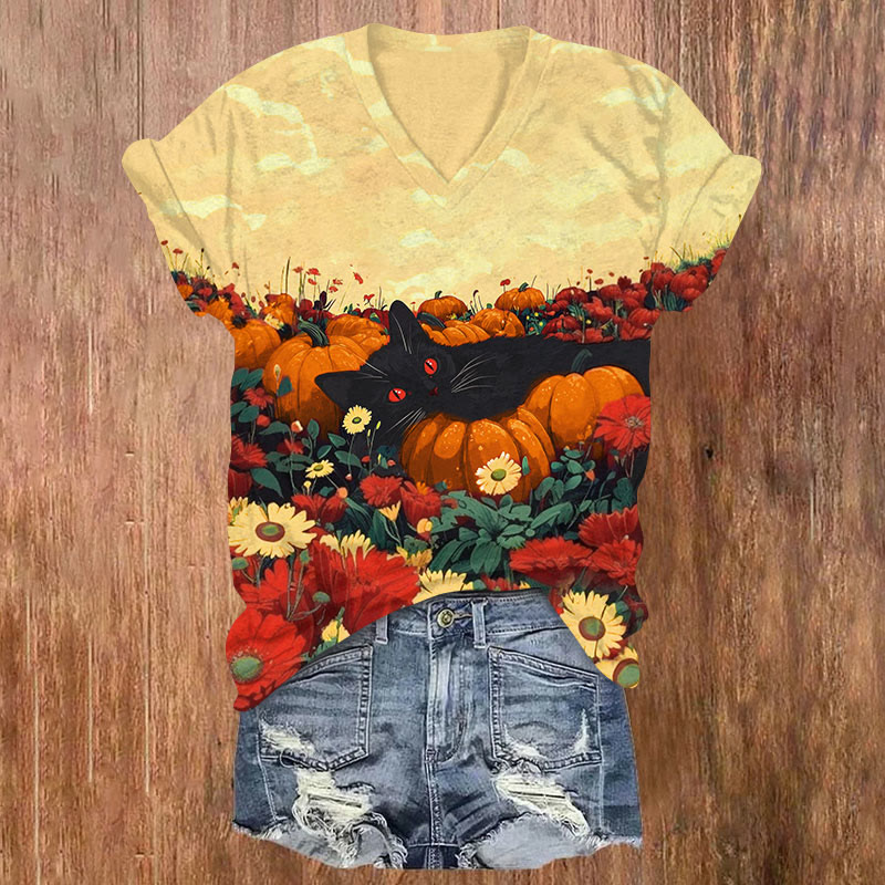 Halloween Cat & Pumpkin Print V-neck T-shirt - Yellow - US32-34(5XL) - image 1