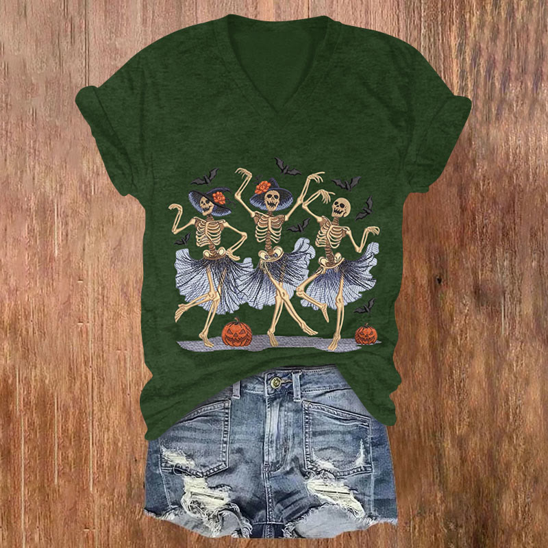 Halloween Dancing Skeletons Print V-neck T-shirt - Green - US32-34(5XL) - image 3