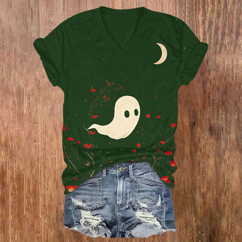 Halloween Ghoats Print V-neck T-shirt - Dark Green - US32-34(5XL) - image 1