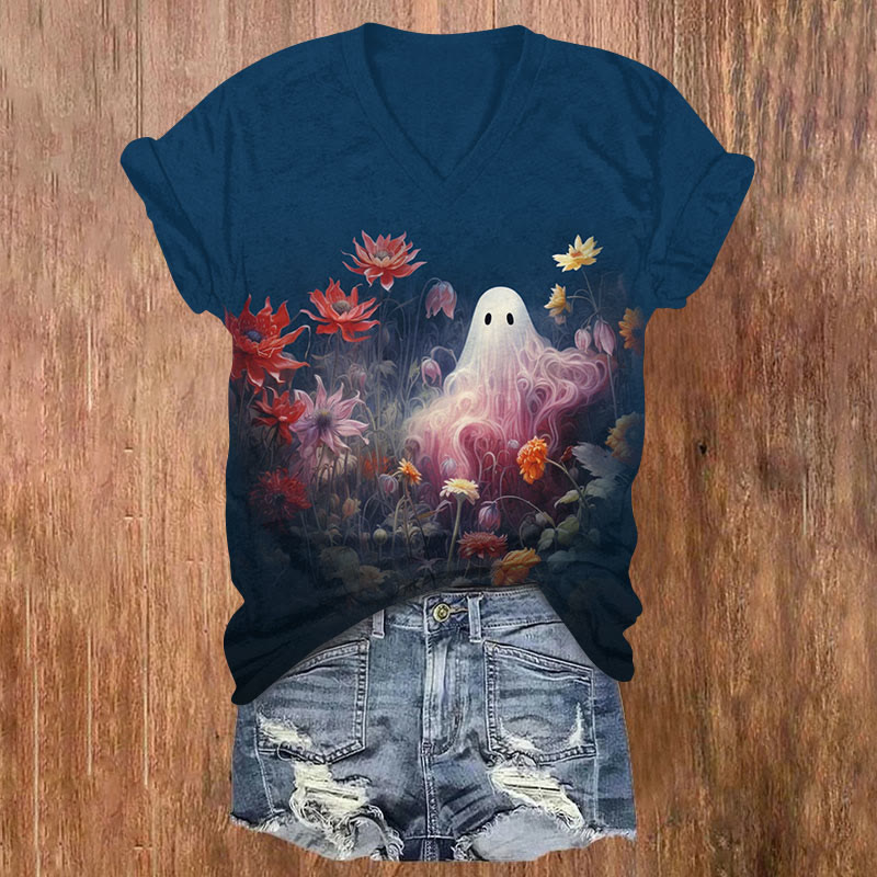 Halloween Ghoat & Floral Print V-neck T-shirt - Navy Blue - US32-34(5XL) - image 1