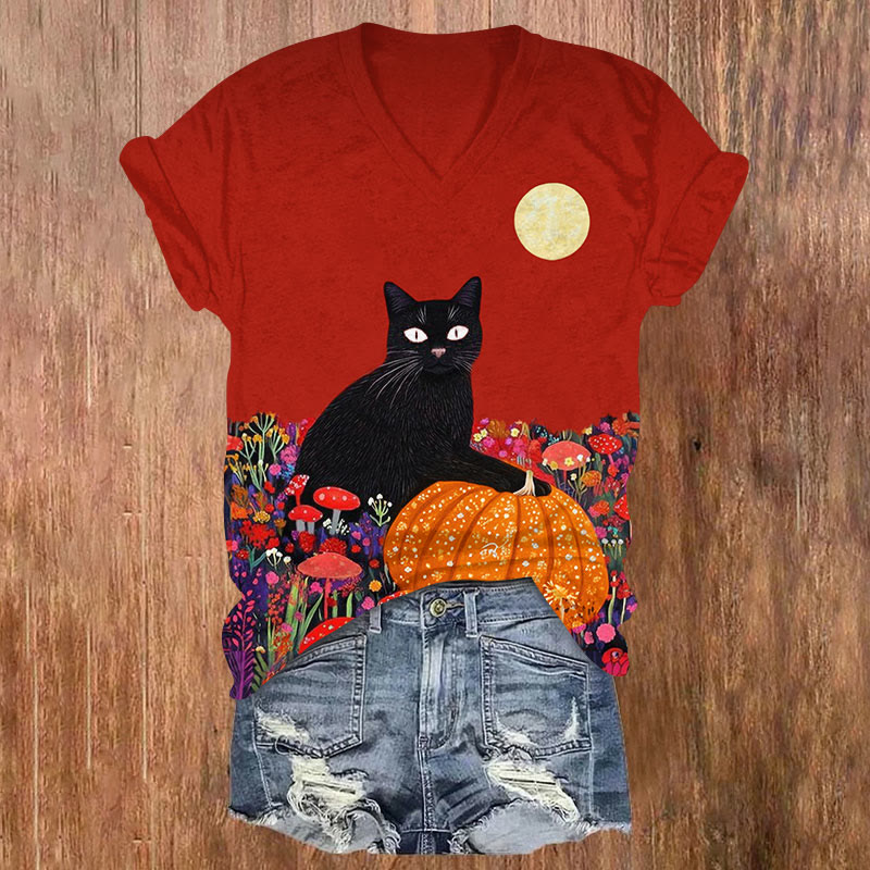 Halloween Cat & Pumpkings Print V-neck T-shirt - Red - US32-34(5XL) - image 3