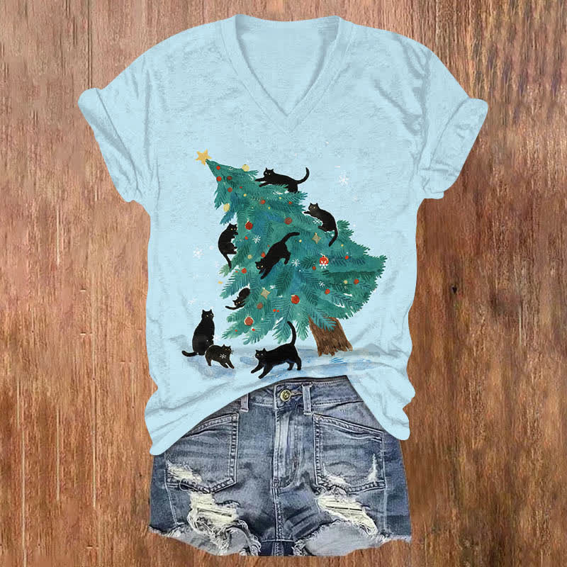 Oil Painting Cats Playing Around Christmas Tree Print V-neck T-shirt - Light Blue - US32-34(5XL) - image 5