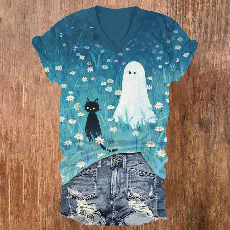 Halloween Oil Painting Daisy Ghost & Black Cat Art Print V-neck T-shirt - Blue - US32-34(5XL) - image 1