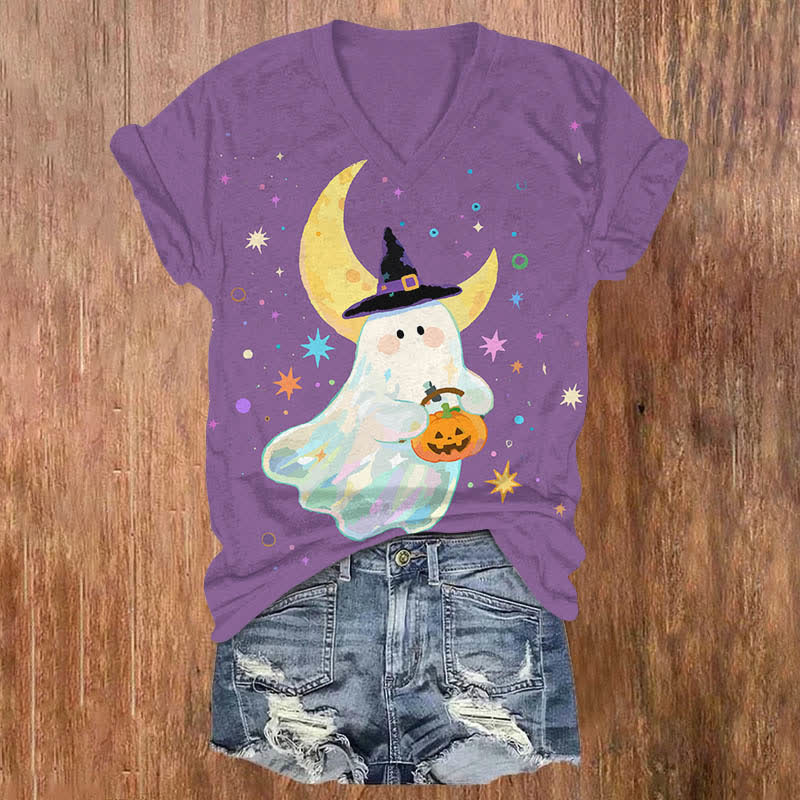 Halloween Watercolor Cute Ghost Holding Pumpkin Art Print V-neck T-shirt - Purple - US32-34(5XL) - image 1