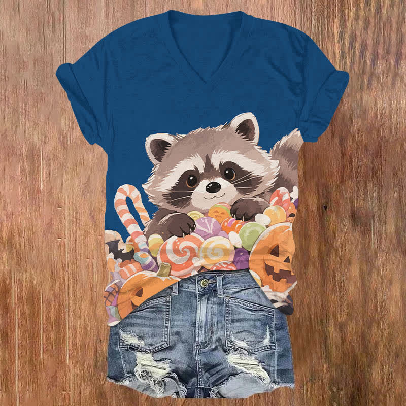 Halloween Raccoon With Colorful Candies Art Print V-neck T-shirt - Blue - US32-34(5XL) - image 1