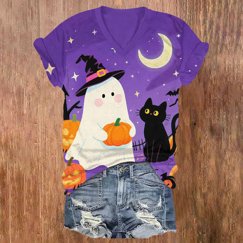 Halloween Night Wizard Ghost With Pumpkin & Black Cat Art Print V-neck T-shirt - Purple - US32-34(5XL) - image 1