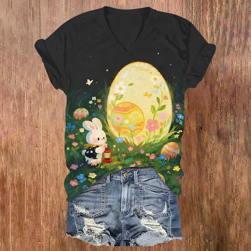 Oil Painting Floral Bunny Holding Lantern & Big Easter Egg Art Print V-neck T-shirt - Black - US32-34(5XL) - image 2