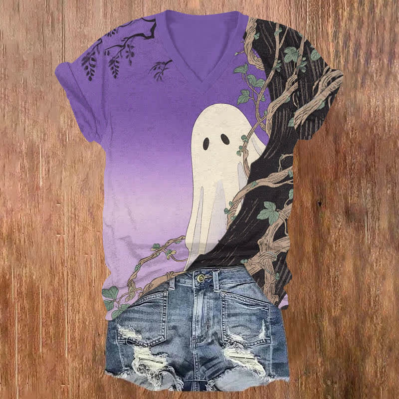 Halloween Funny Ghost Hiding Behind The Tree Print V-neck T-shirt - Purple - US32-34(5XL) - image 1