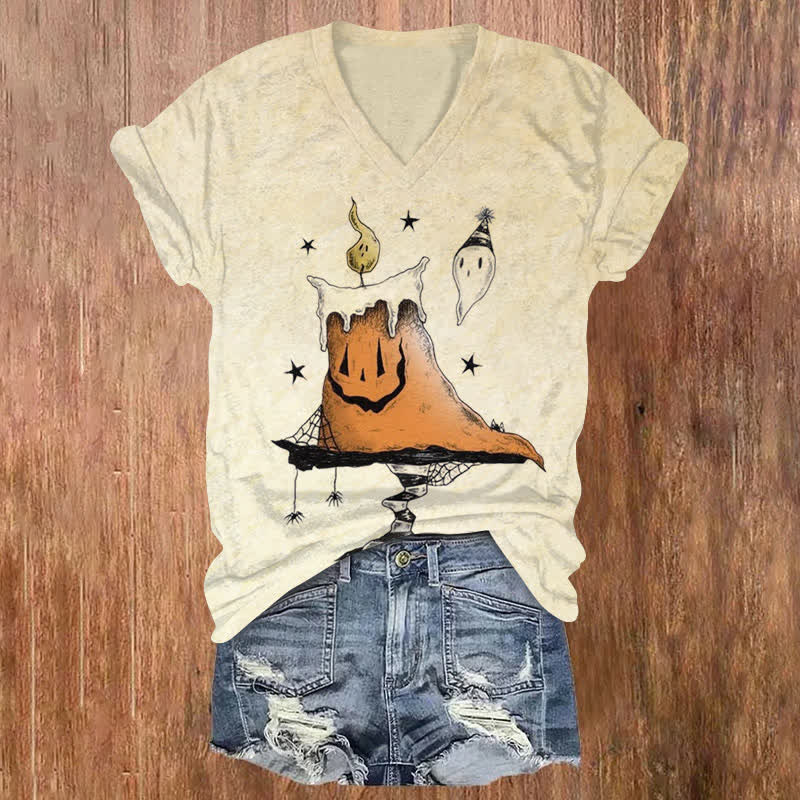Burning Spooky Candles Halloween Print V-neck T-shirt - Apricot - US32-34(5XL) - image 1