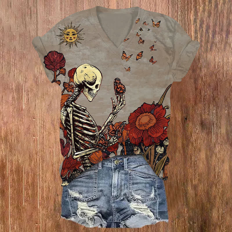 Skeleton Butterfly In Flowers Halloween Print V-neck T-shirt - Grey - US32-34(5XL) - image 1