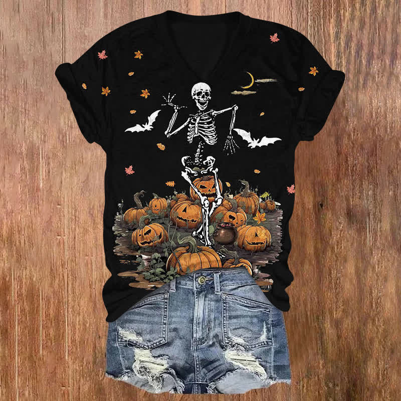 Halloween Skeleton Dancing In The Pumpkin Patch Print V-neck T-shirt - Black - US32-34(5XL) - image 1