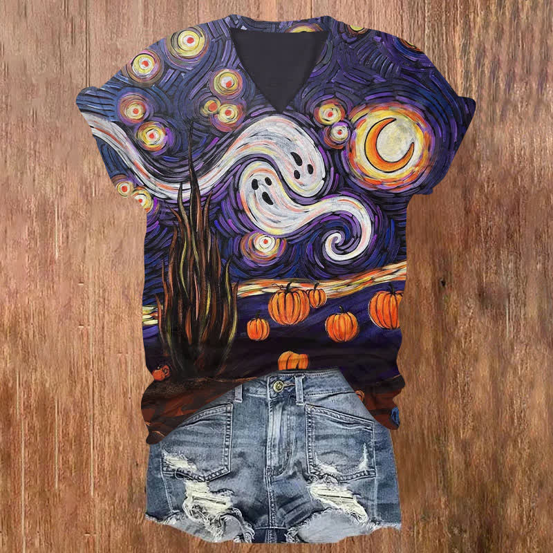 Ghost Scream Halloween Print V-neck T-shirt - Purple - US32-34(5XL) - image 1