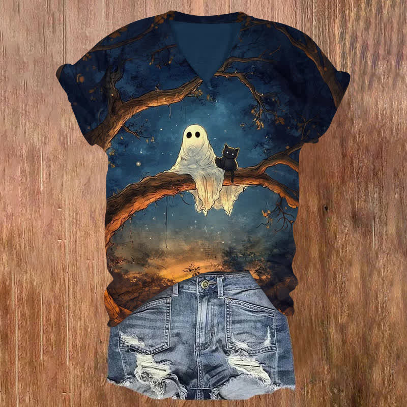 Ghost And Cat Sitting On A Branch Halloween Print V-neck T-shirt - Blue - US32-34(5XL) - image 1
