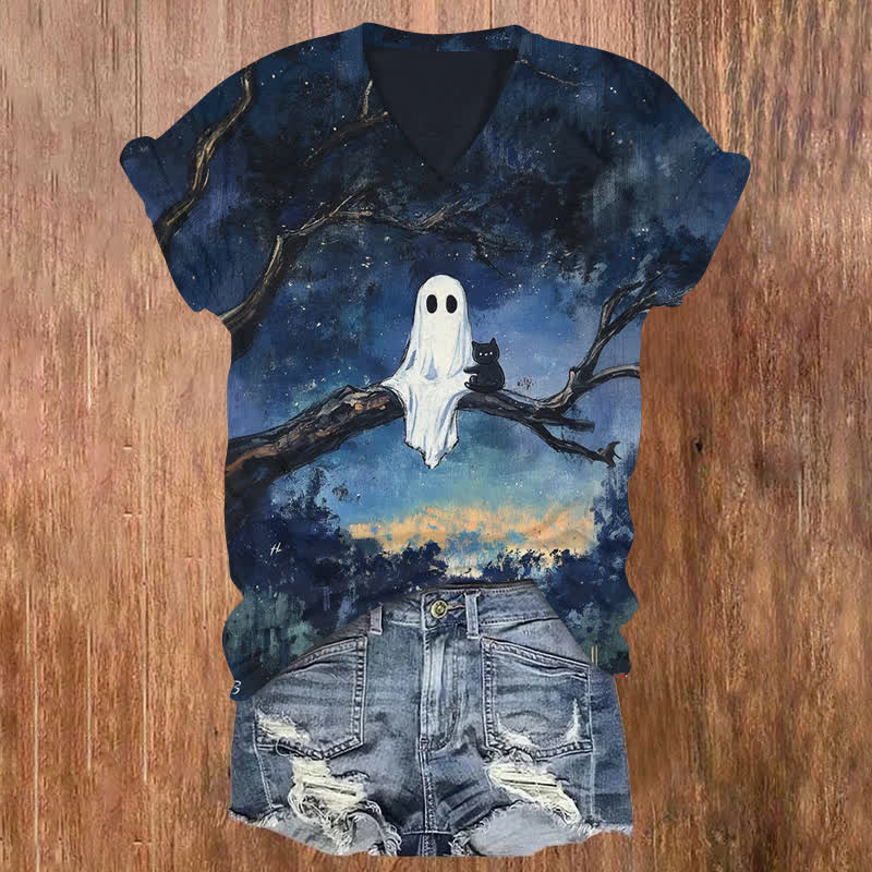 Ghost And Cat Sitting On A Branch Halloween Print V-neck T-shirt - Blue - US32-34(5XL) - image 1