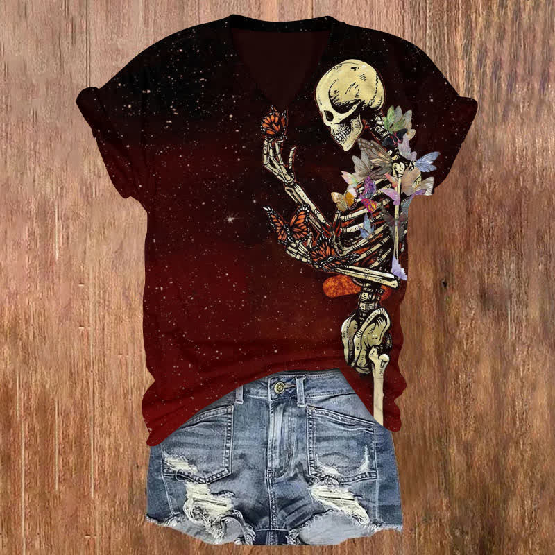 Floral Skull Gazing At Butterflies Halloween Print V-neck T-shirt - Red - US32-34(5XL) - image 1