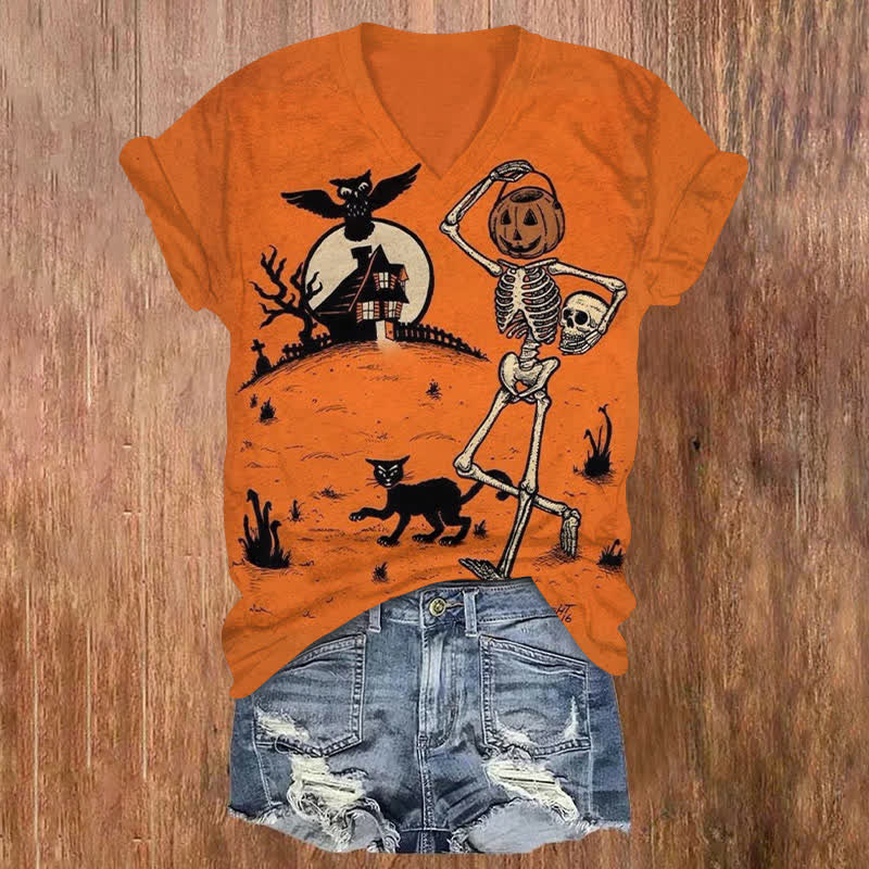 Funny Pumpkin Skull Halloween Print V-neck T-shirt - Orange - US32-34(5XL) - image 1