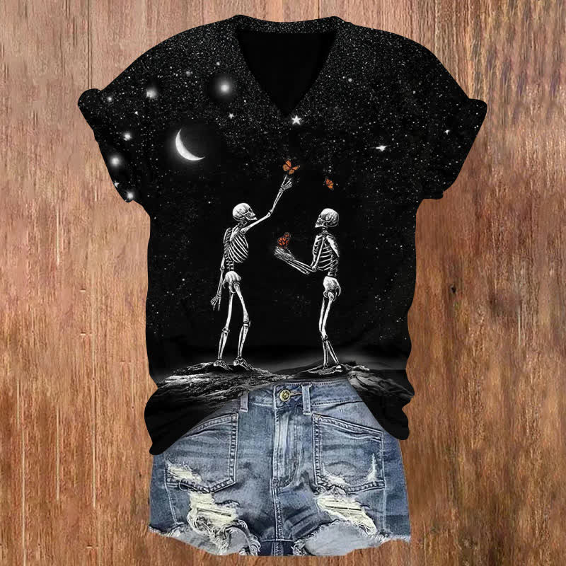 Skeleton Catching Butterflies Under The Starry Sky Halloween Print V-neck T-shirt - Black - US32-34(5XL) - image 1